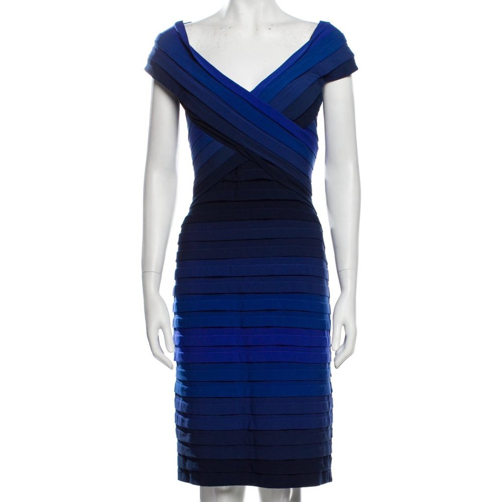 Tadashi Shoji Dress, Blue Ombre, Short Sleeve, V-Neck, Size M